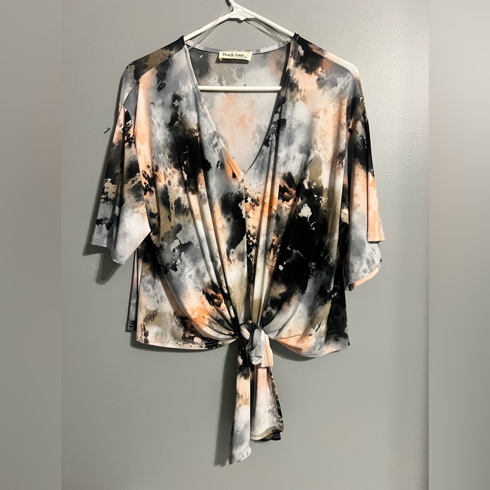 Peach Love California Black and Orange Tie Front Short Sleeve Blouse